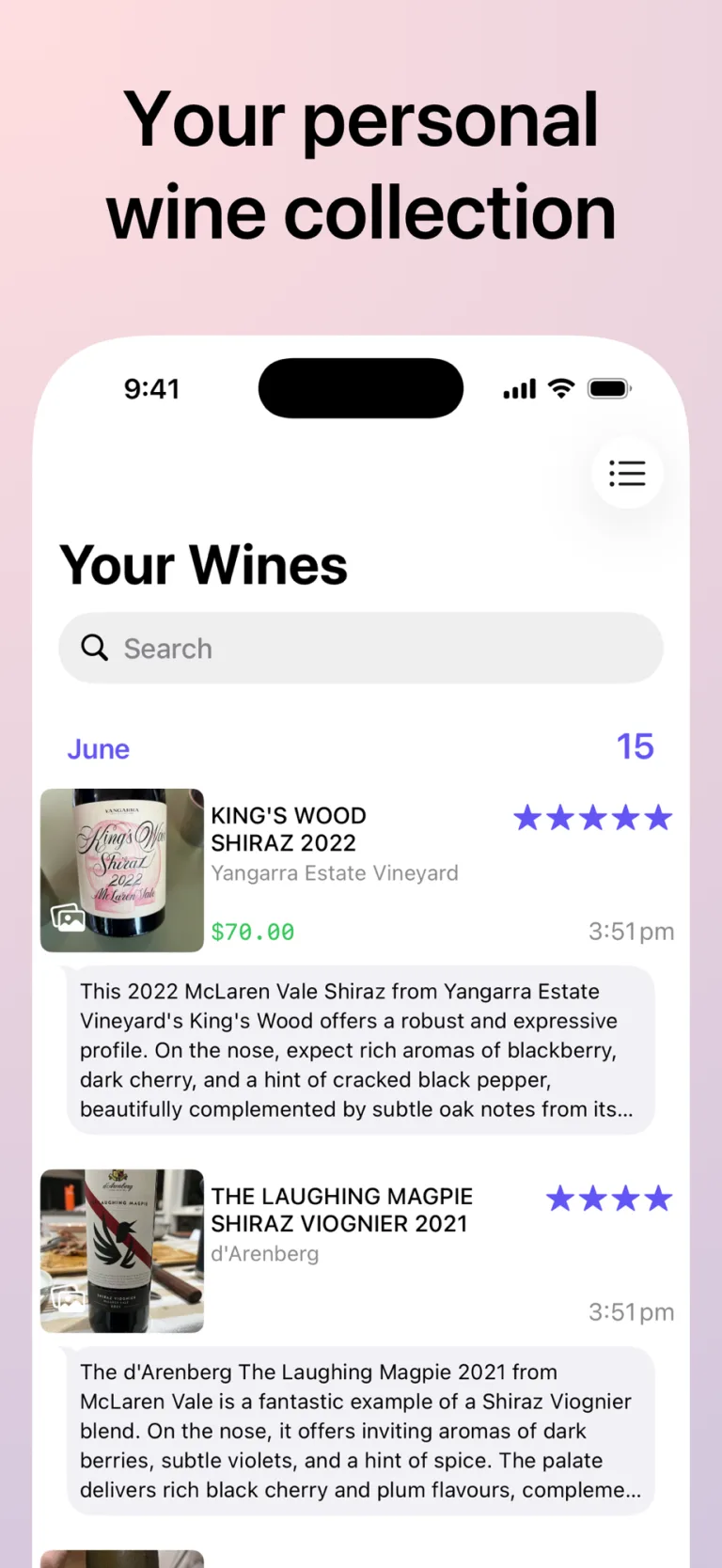 Personal wine collection in list view