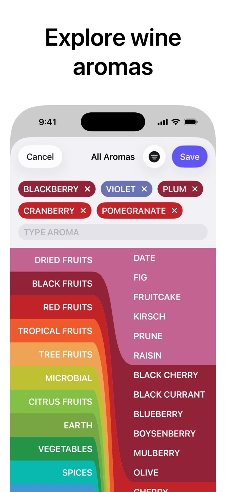 Wine aroma selection interface