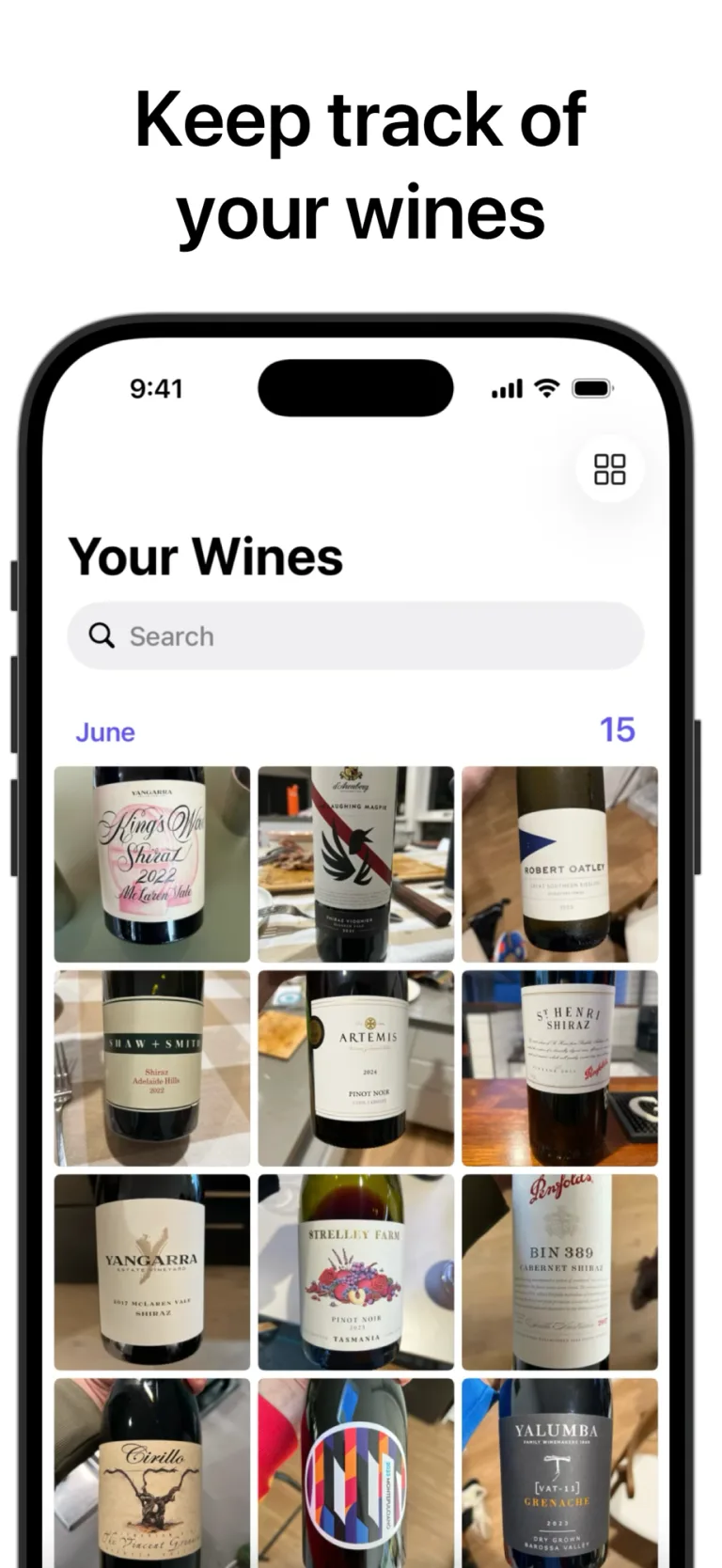 A grid view of a personal wine collection