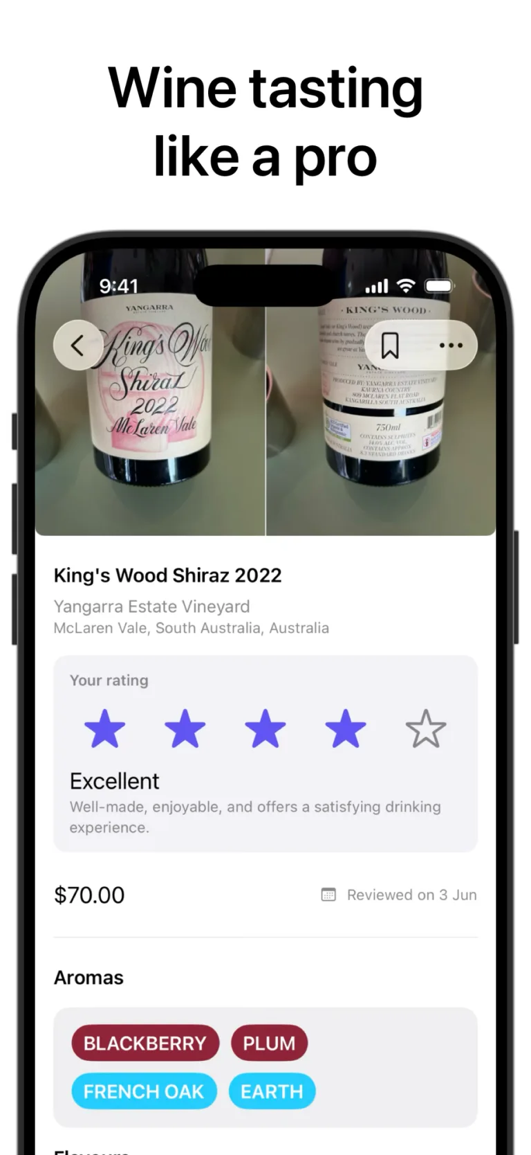 A detailed wine tasting note with rating and aromas