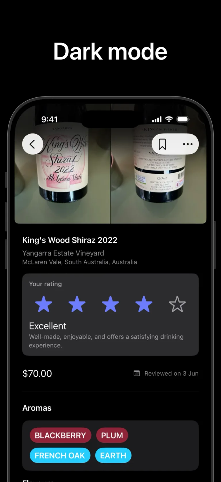 Wine tasting note in dark mode